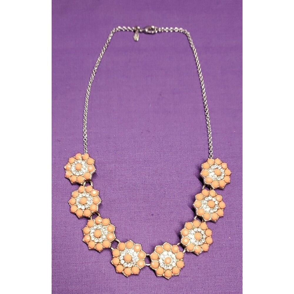 Premier Designs Coral Colored Flower Station Necklace, with clear rhinestones